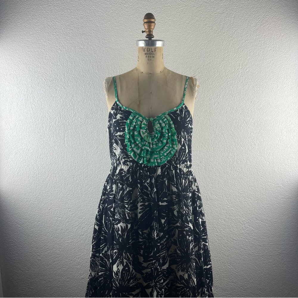 Anthropologie l 4 We Love Vera Floral Stamp Art Ruffle Keyhole Bib Pockets Dress